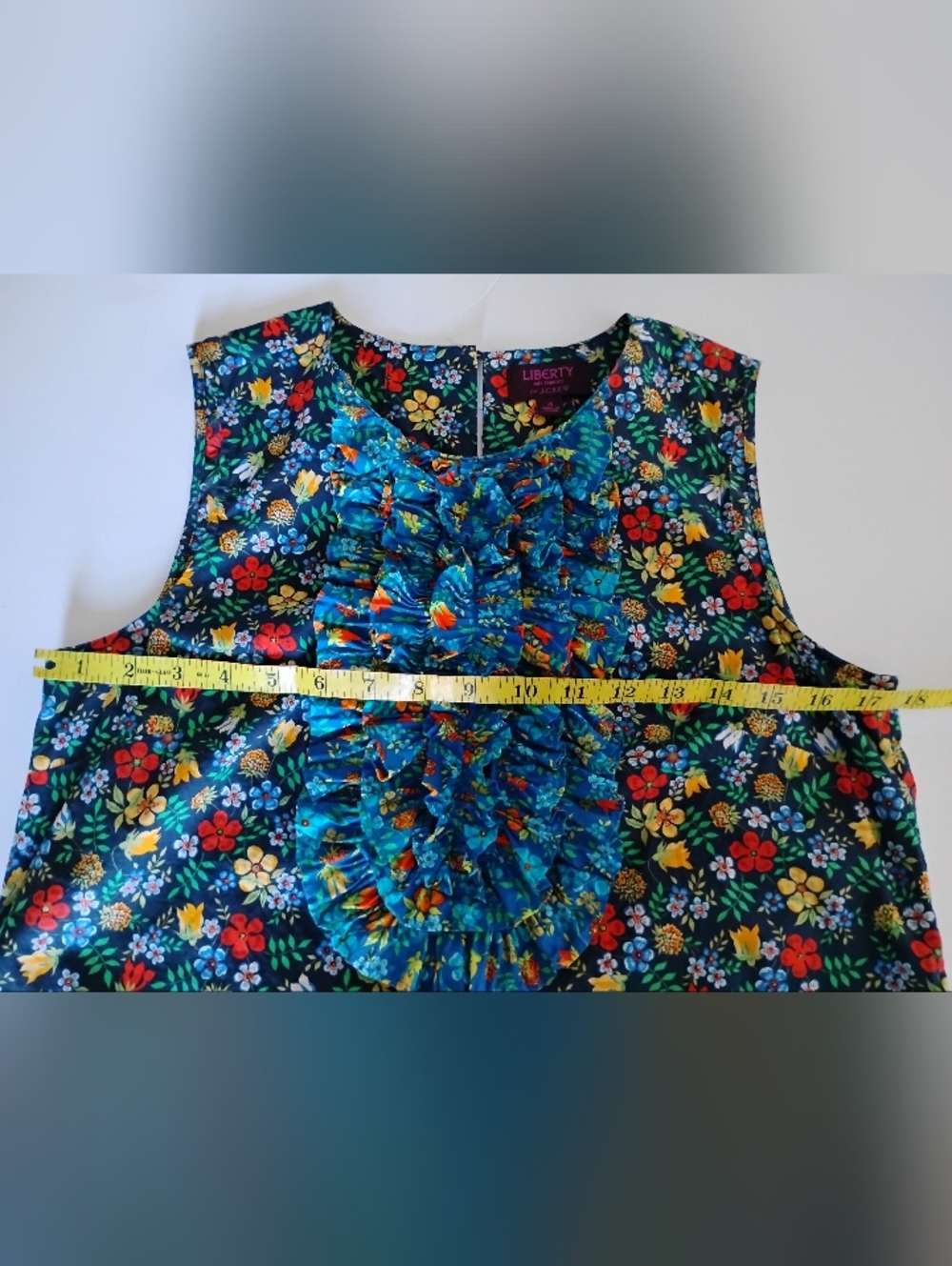 J. Crew Liberty Art Fabric Edenham Ruffle Blouse Navy Blue Floral Colorful Sz 4 - Picture 13 of 15